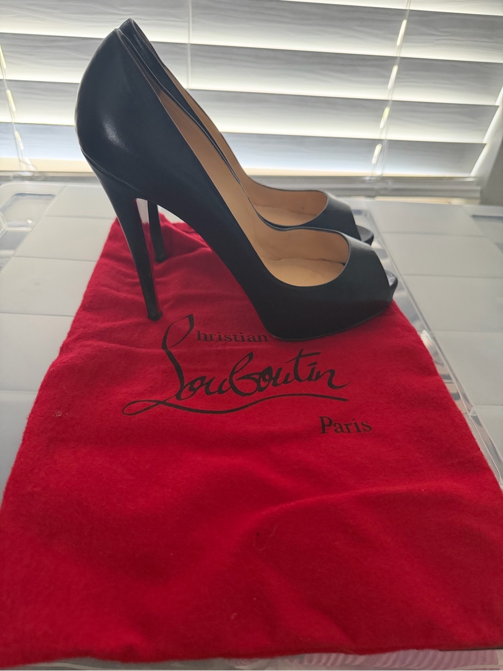 Christian Louboutin Black Napa Leather Peep Toe Platform Stiletto Pump | EU 38